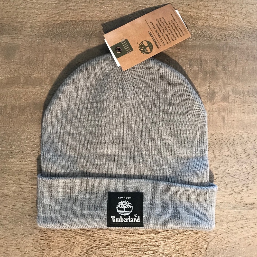 Timberland Gray Black Logo Knit Sock Beanie Hat